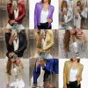 Spring Womens Sequin Block Stand Collar Short Slim Zip Casual Jacket