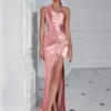 One Shoulder Backless Ruched Slim Fit Slit Midi Evening Party Dress