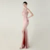 One-Shoulder Satin Pleated Slim-Fit Mermaid Evening Dress High Slit Party Wedding