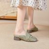 Womens Summer Top-Grain Leather Mules Closed Toe Chunky Heel Hollow Out Breathable