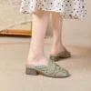 Womens Summer Top-Grain Leather Mules Closed Toe Chunky Heel Hollow Out Breathable