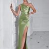 One Shoulder Backless Ruched Slim Fit Slit Midi Evening Party Dress