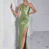 One Shoulder Backless Ruched Slim Fit Slit Midi Evening Party Dress