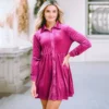 Womens Elegant Velvet Shirt Collar Long Sleeve High Waist Mini Dress