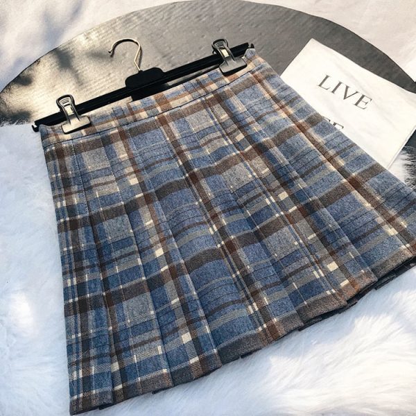 Womens High Waist Plaid Woolen Pleated Mini Skirt Fall Winter Preppy Office