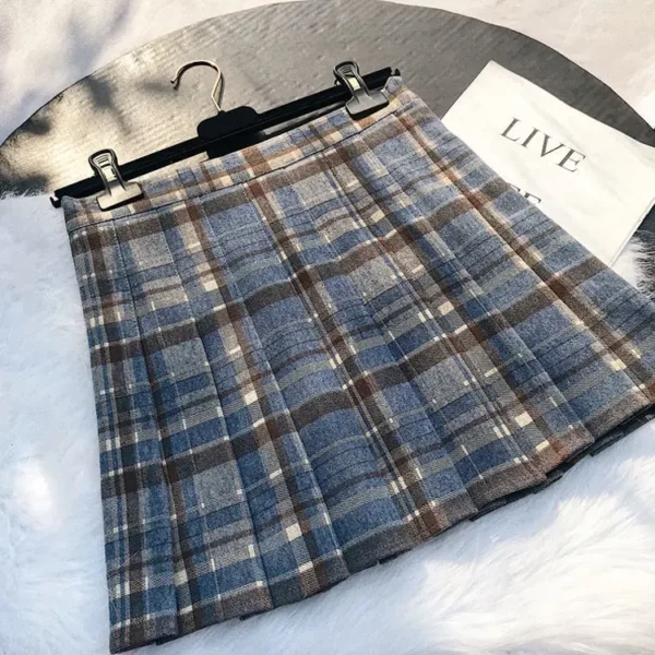 Womens High Waist Plaid Woolen Pleated Mini Skirt Fall Winter Preppy Office