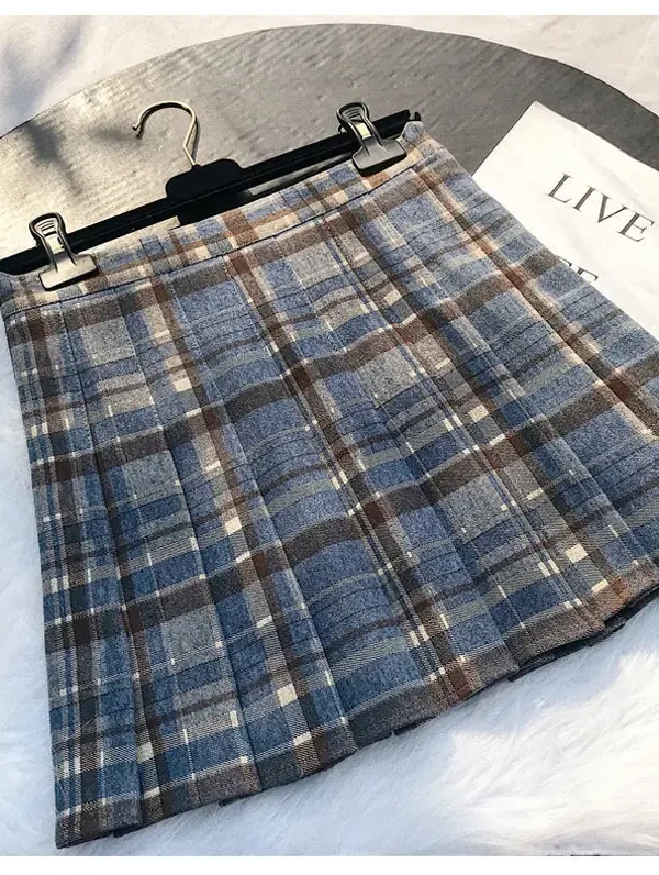 Womens High Waist Plaid Woolen Pleated Mini Skirt Fall Winter Preppy Office