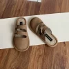 Women Sandals Toe-Covered Slides Hollow Out Belt Buckle Suede Flat Rubber Sole