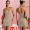 Halter Neck Rhinestone Bodycon Mini Dress Elegant High Waist