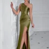 One Shoulder Backless Ruched Slim Fit Slit Midi Evening Party Dress