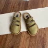 Women Sandals Toe-Covered Slides Hollow Out Belt Buckle Suede Flat Rubber Sole