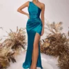 One Shoulder Backless Ruched Slim Fit Slit Midi Evening Party Dress
