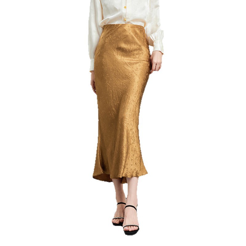 Gold Jacquard Acetate Mermaid Long Skirt High Waist Silky Bodycon Lady