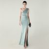 One-Shoulder Satin Pleated Slim-Fit Mermaid Evening Dress High Slit Party Wedding