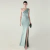 One-Shoulder Satin Pleated Slim-Fit Mermaid Evening Dress High Slit Party Wedding