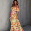 Off Shoulder Floral Digital Print Maxi Flared Plus Size Dress
