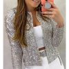 Spring Womens Sequin Block Stand Collar Short Slim Zip Casual Jacket