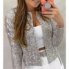 Spring Womens Sequin Block Stand Collar Short Slim Zip Casual Jacket