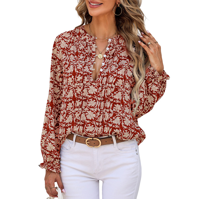 Womens Floral Print V-Neck Long Sleeve Slim Office Blouse