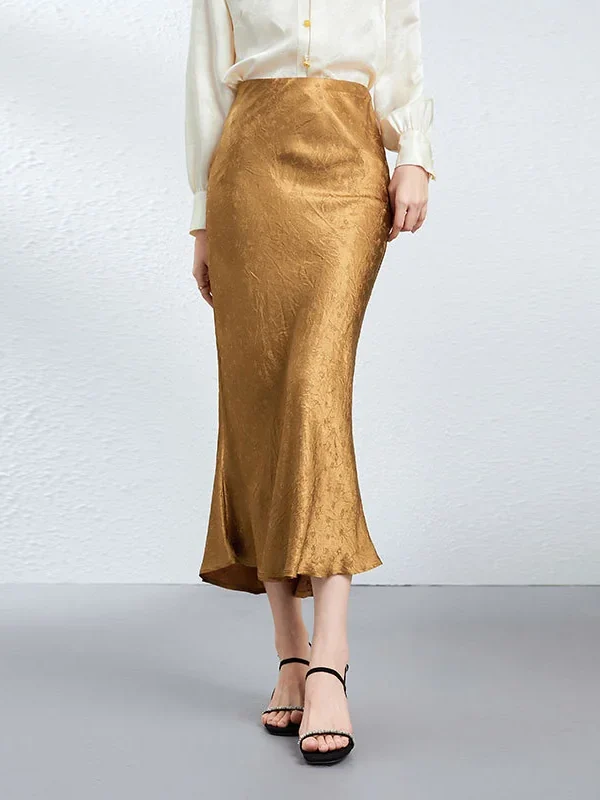 Gold Jacquard Acetate Mermaid Long Skirt High Waist Silky Bodycon Lady