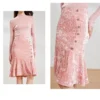 Pink Crushed Velvet High-Waisted Midi Bodycon Skirt Button Office Petite