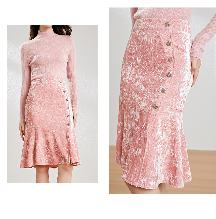 Pink Crushed Velvet High-Waisted Midi Bodycon Skirt Button Office Petite