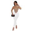 Womens Elegant Office Tulle Jumpsuit Rhinestone Long Sleeve Pants Black Apricot
