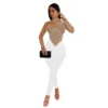 Womens Elegant Office Tulle Jumpsuit Rhinestone Long Sleeve Pants Black Apricot