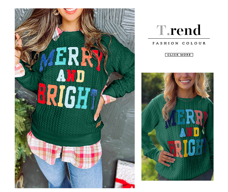 Womens Casual Loose Crew Neck Sweatshirt Colorful Letter Applique Contrast Long Sleeve