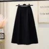 High Waist A-Line Midi Skirt Winter Solid Button Slimming