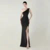 One-Shoulder Satin Pleated Slim-Fit Mermaid Evening Dress High Slit Party Wedding