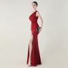 One-Shoulder Satin Pleated Slim-Fit Mermaid Evening Dress High Slit Party Wedding