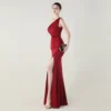 One-Shoulder Satin Pleated Slim-Fit Mermaid Evening Dress High Slit Party Wedding