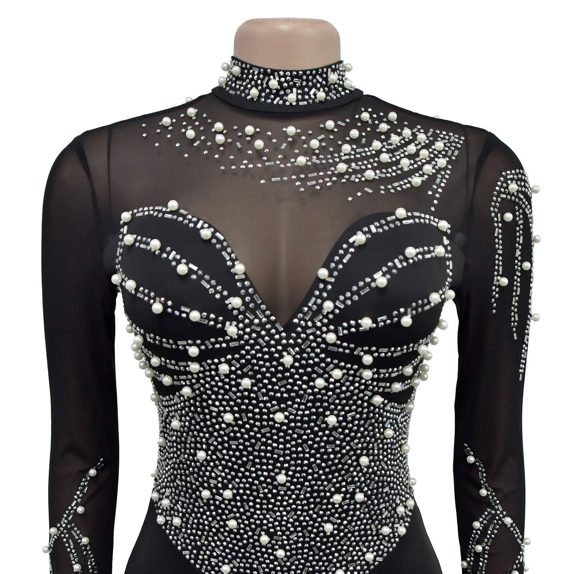 Womens Elegant Office Tulle Jumpsuit Rhinestone Long Sleeve Pants Black Apricot