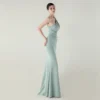 One-Shoulder Satin Pleated Slim-Fit Mermaid Evening Dress High Slit Party Wedding
