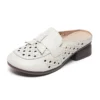 Womens Summer Top-Grain Leather Mules Closed Toe Chunky Heel Hollow Out Breathable