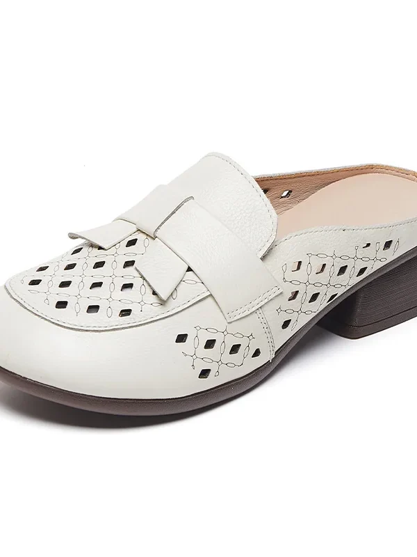 Womens Summer Top-Grain Leather Mules Closed Toe Chunky Heel Hollow Out Breathable