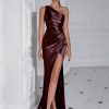 One Shoulder Backless Ruched Slim Fit Slit Midi Evening Party Dress