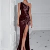 One Shoulder Backless Ruched Slim Fit Slit Midi Evening Party Dress