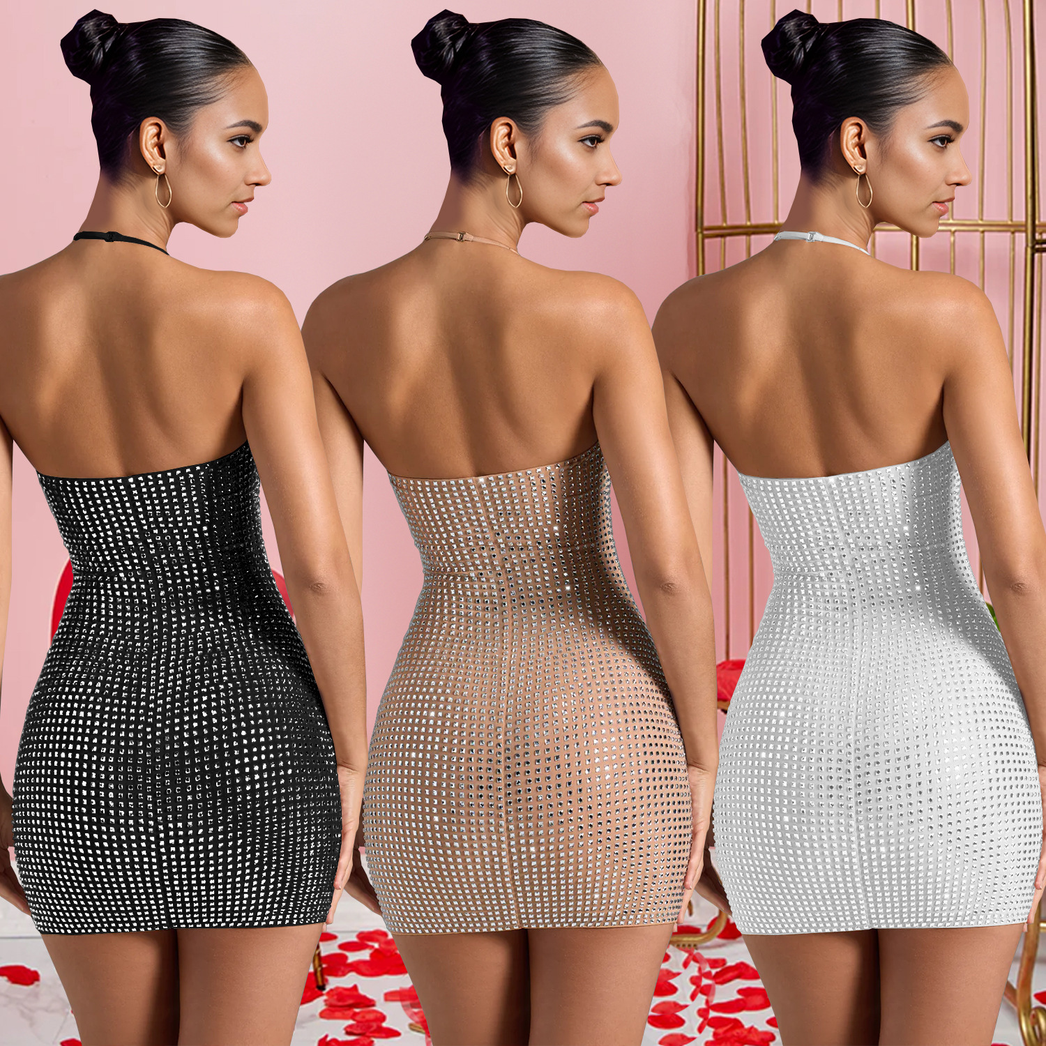 Halter Neck Rhinestone Bodycon Mini Dress Elegant High Waist