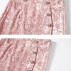 Pink Crushed Velvet High-Waisted Midi Bodycon Skirt Button Office Petite