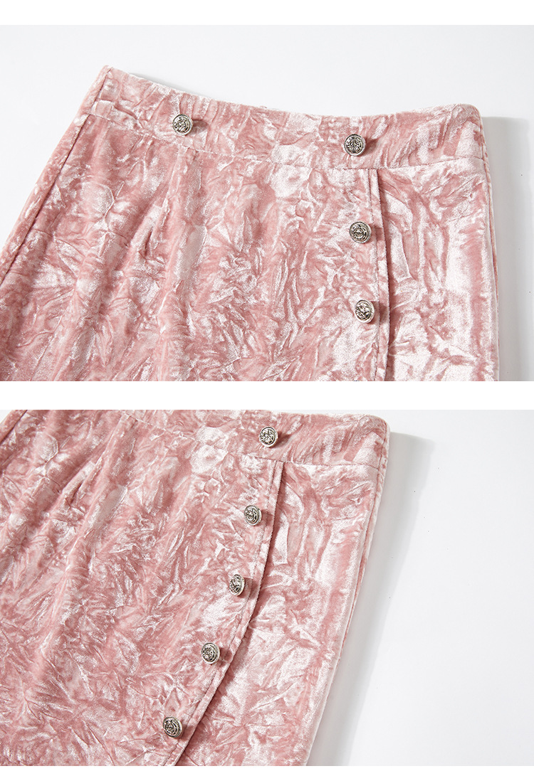 Pink Crushed Velvet High-Waisted Midi Bodycon Skirt Button Office Petite