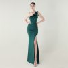 One-Shoulder Satin Pleated Slim-Fit Mermaid Evening Dress High Slit Party Wedding