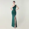 One-Shoulder Satin Pleated Slim-Fit Mermaid Evening Dress High Slit Party Wedding
