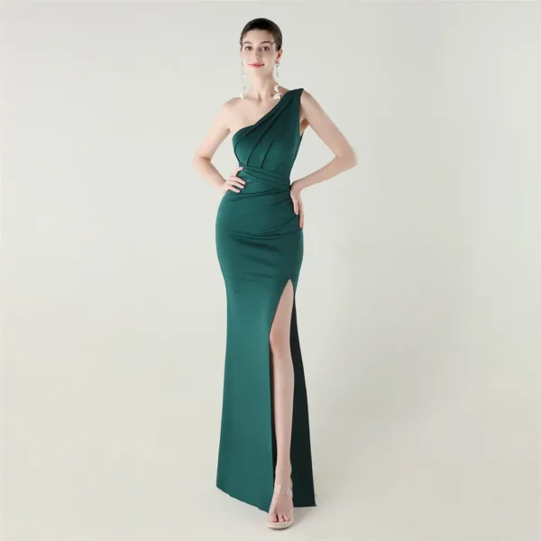 One-Shoulder Satin Pleated Slim-Fit Mermaid Evening Dress High Slit Party Wedding