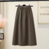 High Waist A-Line Midi Skirt Winter Solid Button Slimming