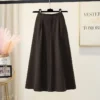 High Waist A-Line Midi Skirt Winter Solid Button Slimming