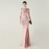 One-Shoulder Satin Pleated Slim-Fit Mermaid Evening Dress High Slit Party Wedding