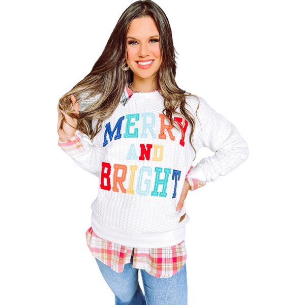 Womens Casual Loose Crew Neck Sweatshirt Colorful Letter Applique Contrast Long Sleeve