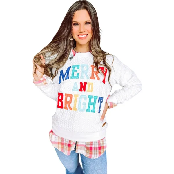Womens Casual Loose Crew Neck Sweatshirt Colorful Letter Applique Contrast Long Sleeve